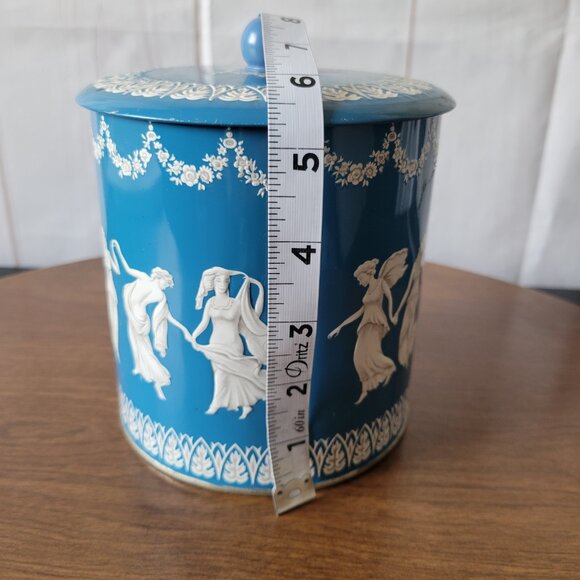 Vintage 1950’s Round Blue/Ivory Tin Canister, Made in England, Greek Goddess - Picture 5 of 6